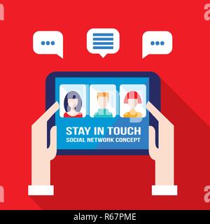 Soziales Netzwerk Konzept Geschäftsmann Hände halten die Tablette mit Avatar web icons Vector Illustration Stock Vektor