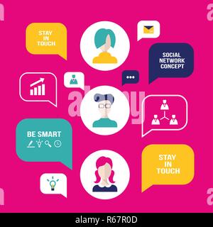 Soziales Netzwerk Konzept Menschen Avatare mit Sprechblasen und Business Icons für Web Vector Illustration Stock Vektor