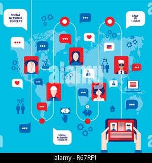 Geschäftsmann Hände halten die Tablette mit Web Icons auf der Weltkarte Hintergrund soziales netzwerk konzept Vector Illustration Stock Vektor