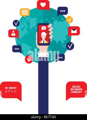 Hand, smart phone Soziales Netzwerk und Kommunikation Konzept Moderne flache Bauweise Stock Vektor