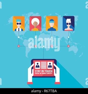 Hände, die Tablette mit Web Icons soziales Netzwerk- und Kommunikationskonzept Stock Vektor