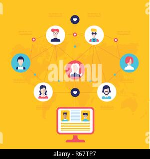 Soziales Netzwerk Technologie Konzept Computer und Benutzer Mitteilungen über web Vector Illustration Stock Vektor