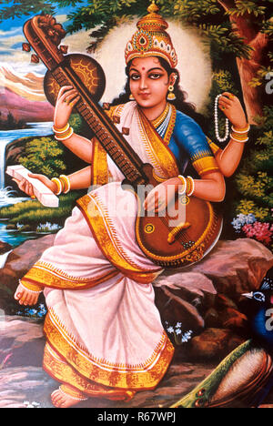 Göttin, die Göttin der Musik, die Göttin der Musik, spielt Musikinstrument Veena, Miniaturmalerei, Indien, Asien Stockfoto