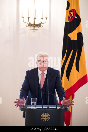 Berlin, Deutschland. 04 Dez, 2018. Bundespräsident Dr. Frank-Walter Steinmeier spricht anlässlich der Verleihung des Verdienstordens der Bundesrepublik Deutschland im Schloss Bellevue. Unter dem Motto "Zukunft braucht Erinnerung", Bundespräsident Steinmeier Insgesamt 14 Frauen und 14 Männer für ihr herausragendes Engagement für die Kultur des Erinnerns und Gedenkens in Deutschland mit dem Bundesverdienstkreuz anlässlich des Ehrenamt Tag geehrt. Quelle: Bernd von Jutrczenka/dpa/Alamy leben Nachrichten Stockfoto