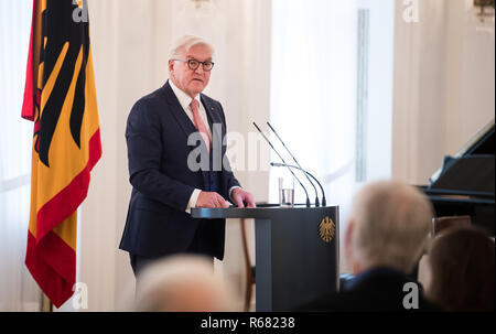 Berlin, Deutschland. 04 Dez, 2018. Bundespräsident Dr. Frank-Walter Steinmeier spricht anlässlich der Verleihung des Verdienstordens der Bundesrepublik Deutschland im Schloss Bellevue. Unter dem Motto "Zukunft braucht Erinnerung", Bundespräsident Steinmeier Insgesamt 14 Frauen und 14 Männer für ihr herausragendes Engagement für die Kultur des Erinnerns und Gedenkens in Deutschland mit dem Bundesverdienstkreuz anlässlich des Ehrenamt Tag geehrt. Quelle: Bernd von Jutrczenka/dpa/Alamy leben Nachrichten Stockfoto