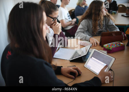 28. November 2018, Berlin, Neustrelitz: Studenten des Carolinum Gymnasium arbeiten mit iPads im Englischunterricht. Foto: Britta Pedersen/dpa-Zentralbild/ZB Stockfoto