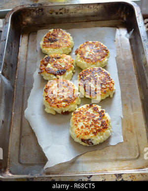 Gebackene Quark Pfannkuchen auf einem Backblech. Stockfoto