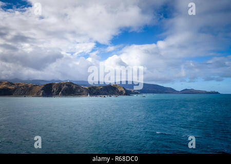 Leuchtturm auf Felsen in der Nähe von Wellington, Neuseeland Stockfoto