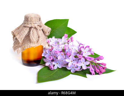 Syringa oder violetten Blüten mit pharmazeutischen Fläschchen. Isoliert auf Stockfoto