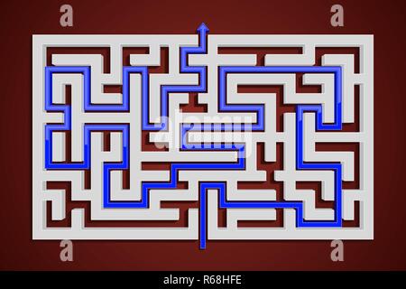 Platz Labyrinth mit blauer Weg zur Mitte. Auf rotem Hintergrund Stock Vektor