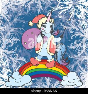 Frame winter frost Dekor und Süße Weihnachten Einhorn stehend auf Regenbogen. Hand gezeichnet Vektor illustration Stock Vektor