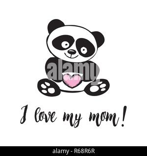Süße kleine Panda mit Herz, Beschriftung - ich meine Mutter, Hand gezeichnet Vektor-illustration Liebe Stock Vektor