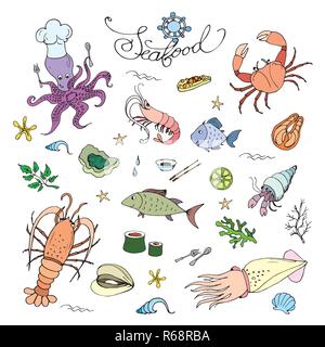 Meeresfrüchte, doodle Symbole oder Objekte, Vektor illustration Stock Vektor