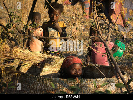 Frau, die einen großen Korb, den Mais zu speichern, in einem mwila Stamm, Dorf, Huila Provinz, Chibia, Angola Stockfoto
