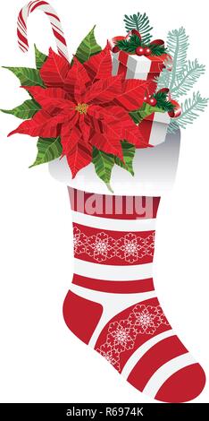 Weihnachten dekorative Socke mit Geschenken und Blumen Stock Vektor