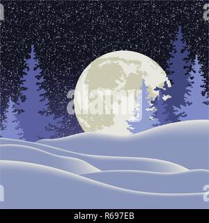 Vector Illustration. Weihnachten. Nacht Winter Landschaft mit einem Vollmond Stock Vektor