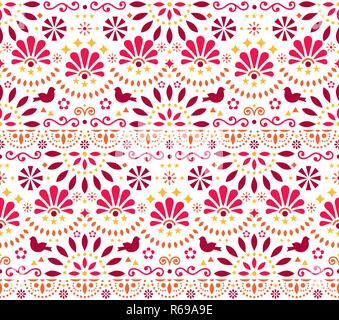 Mexikanische traditionelle Volkskunst Vektor nahtlose geometrische Muster mit Blumen und Vögeln, orange und rote fiesta Design durch traditionelle Kunstform M inspiriert Stock Vektor