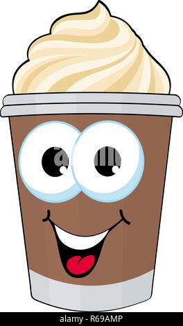 Kaffee mit Schlagsahne. Kaffee in eine Tasse ohne Griff. Kaffee mitnehmen, dalivery. Lustige cartoon Charakter. Stock Vektor