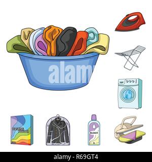 Chemische Reinigung Ausrüstung cartoon Symbole im Set Sammlung für Design. Waschen und Bügeln vektor Symbol lieferbar Abbildung. Stock Vektor