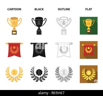 Eine olympische Medaille für den ersten Platz, eine Kristallkugel, eine goldene Schale auf einem Ständer, einem roten Anhänger. Auszeichnungen und Trophäen set Sammlung Icons im Cartoon, schwarz, o Stock Vektor