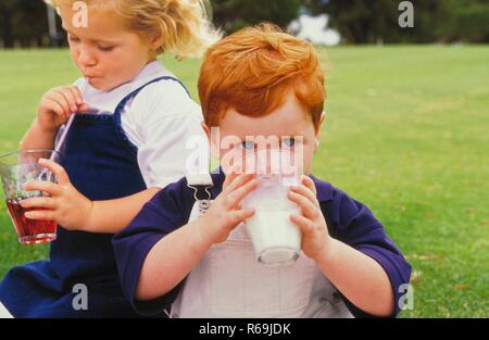 Porträt, Parkszene, Roetlich-blond gelocktes und rothaariger Junge Maedchen mit grossen blauen Augen, 3-4 Jahre, in weiss-blauen Anziehsachen, Artikel auf der Wiese und trinken Saft bzw. Milch mit dem Strohhalm aus Glaesern Stockfoto
