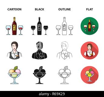 Ein Fach mit einem Tuch, Scheck und Bargeld, eine Flasche Wein und Gläser, eine Kellnerin mit ein Abzeichen. Restaurant Sammlung Icons im Cartoon, schwarz, Outline, f Stock Vektor