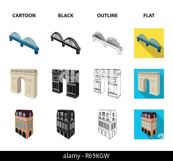 Arc de Triomphe in Paris, verstärkten Brücke, cafe Gebäude, Haus in skandinavischem Stil. Architektur und Gebäude Sammlung Icons im Cartoon, bl Stock Vektor