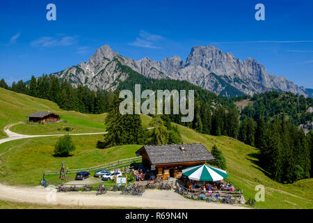 Mountainbiker auf Litzlalm, in der Rückseite Mühlsturzhörner von Pferd-Reiter Alm, Pinzgau, Salzburger Land, Österreich Stockfoto