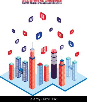 Stadt soziales Netzwerk, hohen Gebäuden und Sprechblasen Moderne isometrische Flat Style Vector Illustration Stock Vektor