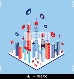 Stadt soziales Netzwerk Wolkenkratzer und Sprechblasen Moderne isometrische Flat Style Vector Illustration Stock Vektor