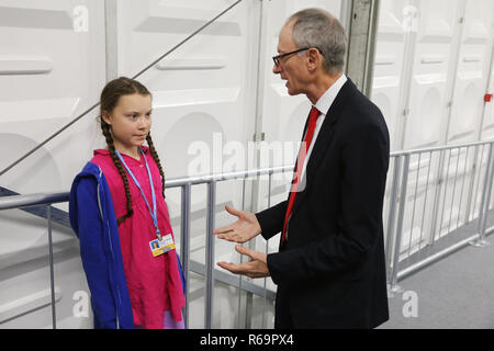 Vorbereitung der Pressekonferenz mit Greta Thunberg, 15 Jahre alten schwedischen Aktivist, der in Kattowitz, 3. Dezember während der Vereinten Nationen nahm Stockfoto