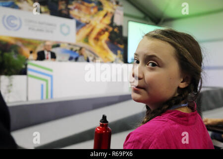 Pressekonferenz mit Greta Thunberg, 15 Jahre alten schwedischen Aktivistin, fand in Kattowitz, 3. Dezember während der Klimarahmenkonvention der Vereinten Nationen Konferen Stockfoto