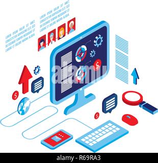 Arbeitsplatz isometrische Elemente Sozialen Netzwerk und Kommunikation Konzept Vector Illustration Stock Vektor