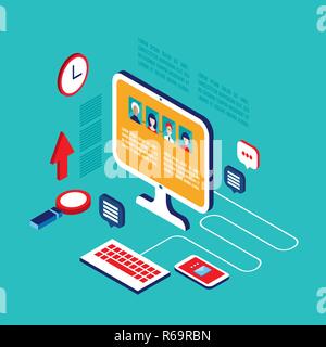 Arbeitsplatz isometrische Elemente Sozialen Netzwerk und Kommunikation Konzept Vector Illustration Stock Vektor