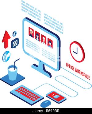 Arbeitsplatz isometrische Elemente Sozialen Netzwerk und Kommunikation Konzept Vector Illustration Stock Vektor