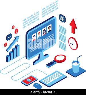 Arbeitsplatz isometrische Elemente Sozialen Netzwerk und Kommunikation Konzept Vector Illustration Stock Vektor