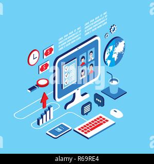 Arbeitsplatz isometrische Elemente Sozialen Netzwerk und Kommunikation Konzept Vector Illustration Stock Vektor