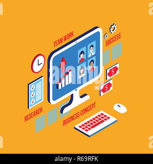 Arbeitsplatz isometrische Elemente Sozialen Netzwerk und Kommunikation Konzept Vector Illustration Stock Vektor