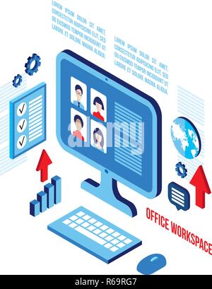 Arbeitsplatz isometrische Elemente Sozialen Netzwerk und Kommunikation Konzept Vector Illustration Stock Vektor