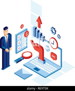 Isometrische Geschäftsmann erfolgreiche Business Communication Technologie Konzept Vector Illustration Stock Vektor