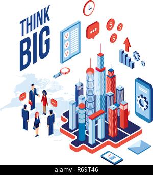 Isometrische Stadt Geschäftsleute und Symbole Technik Erfolg Kommunikation Konzept Vector Illustration Stock Vektor
