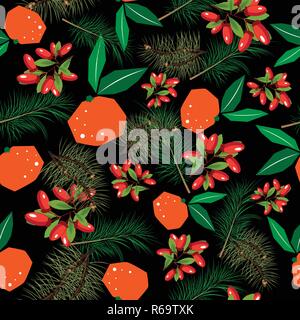 Die nahtlose Vektor Muster von Mandarinen, Berberitzen und Fir Tree Branches Stock Vektor