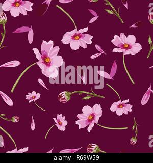 Cosmos Blumen auf Maroon Background-Flowers in voller Blüte, nahtlose Muster wiederholen. Stock Vektor