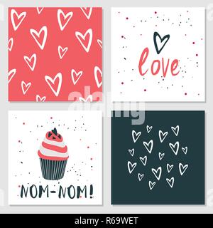 Süße Karten mit Liebe Schriftzug nahtlose Hintergrundmuster Valentines Tag Vector Illustration Stock Vektor