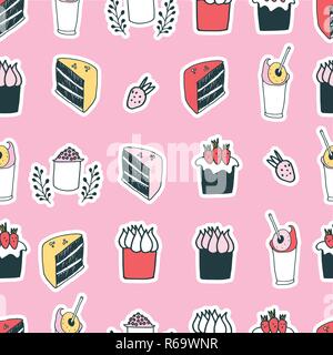 Süßes essen Kuchen muffin Cupcake Erdbeere leckeres Dessert nahtlose Muster Vector Illustration Stock Vektor