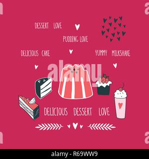 Hand köstliche Speisen dessert Sammlung Milchshake Kuchen Pudding Kuchen essen Vector Illustration gezeichnet Stock Vektor