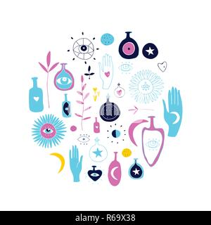 Magische doodle set Hand esoterische Mystik spirituelle Elemente auf weißem Hintergrund gezeichnet heilige Zeichen und Symbole drittes Auge Sonne Mond Hexerei h Stock Vektor