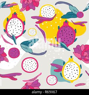 Exotischen bunten tropischen Früchte Pitahaya Drachenfrucht Pitaya Blüten und Blätter nahtlose Hintergrundmuster einzigartige Hand gezeichnet elegantes Design Stock Vektor