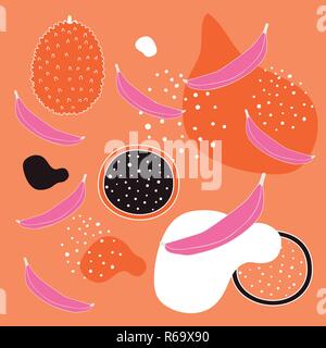 Nahtlose Hintergrundmuster mit frischen tropischen Früchte Pitahaya Drachenfrucht Pitaya slice Jackfruit Banane Polka Dots formen Hand abstract Desig gezeichnet Stock Vektor
