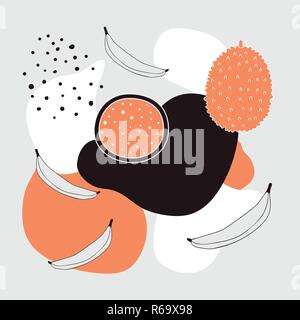 Stilvolle Hintergrund mit abstrakter Elemente Polka Dots und exotische Früchte Jackgruit Banana Dragon Fruit slice Schwarz Weiß Grau orange Farben Stock Vektor